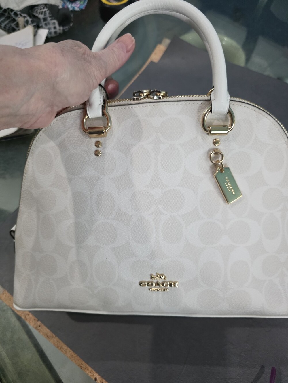 New Coach Cream Signature Dome Satchel with Gold Hardware